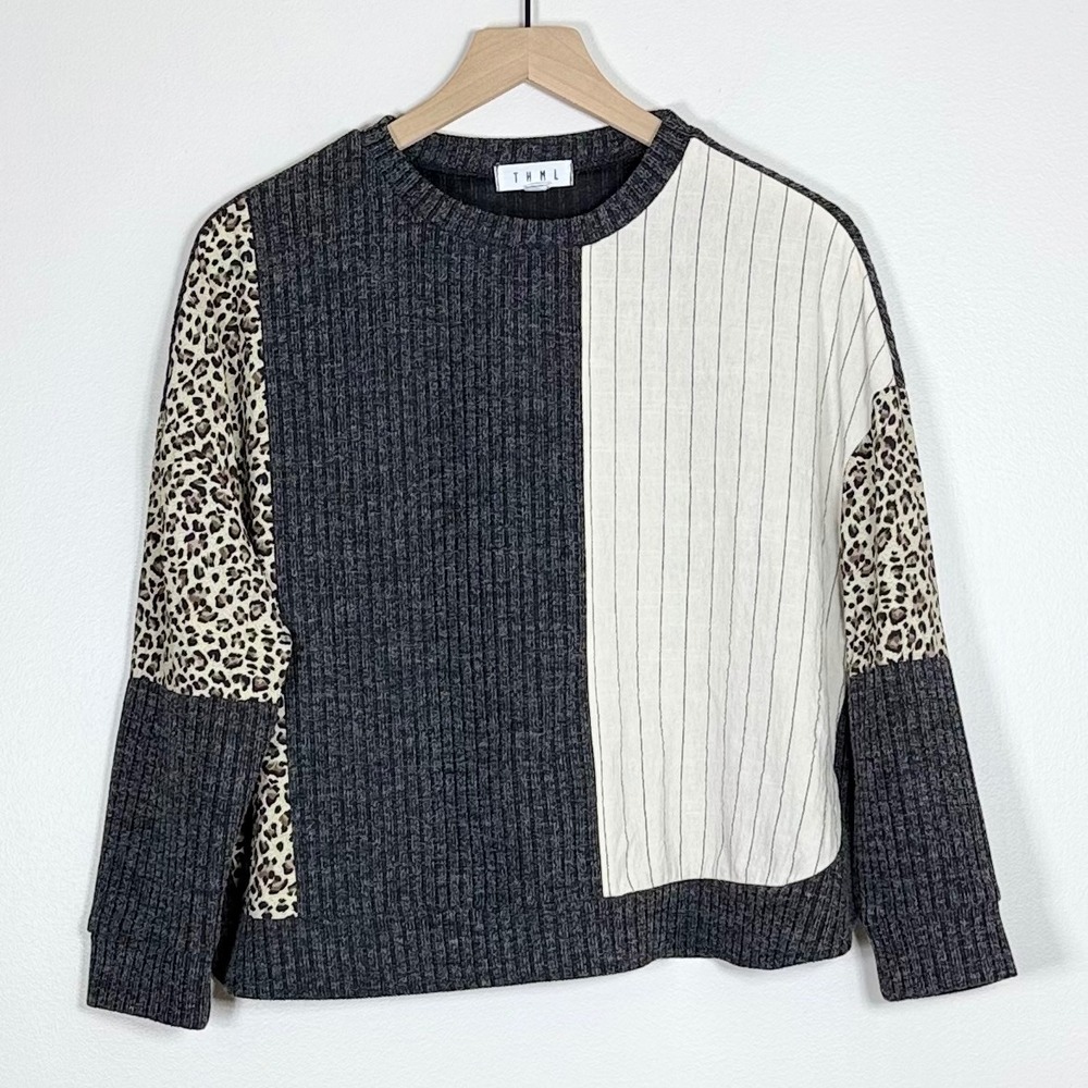 THML Womens Sweater Size S Gray Colorblock Leopard Pinstripe Ribbed Mixed Media - Picture 1 of 7